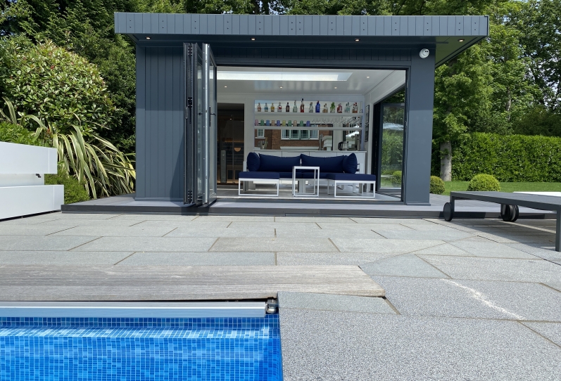 pool side room and  garden wellness retreat with roof light , lounge and bar in Surrey