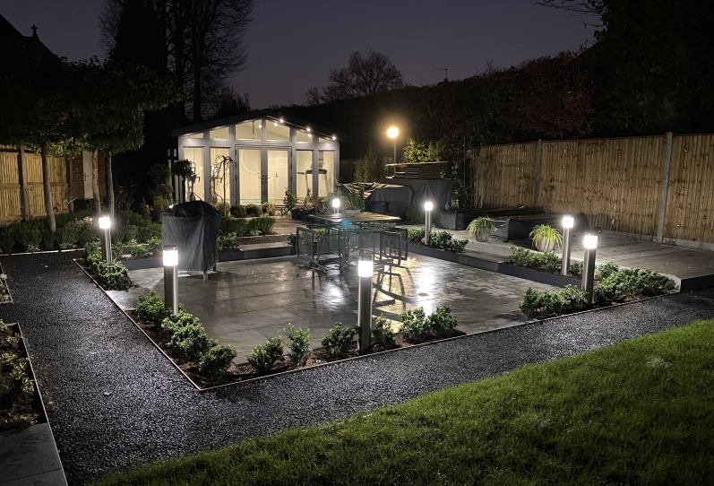 Merlin, garden gym with lighting and garden design in Hampshire
