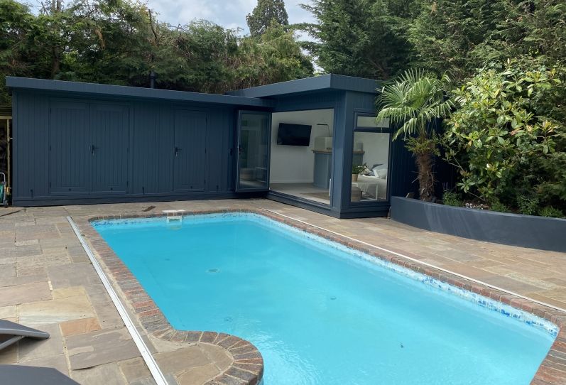 L shaped pool side room, toilet, plant room and store in Surrey