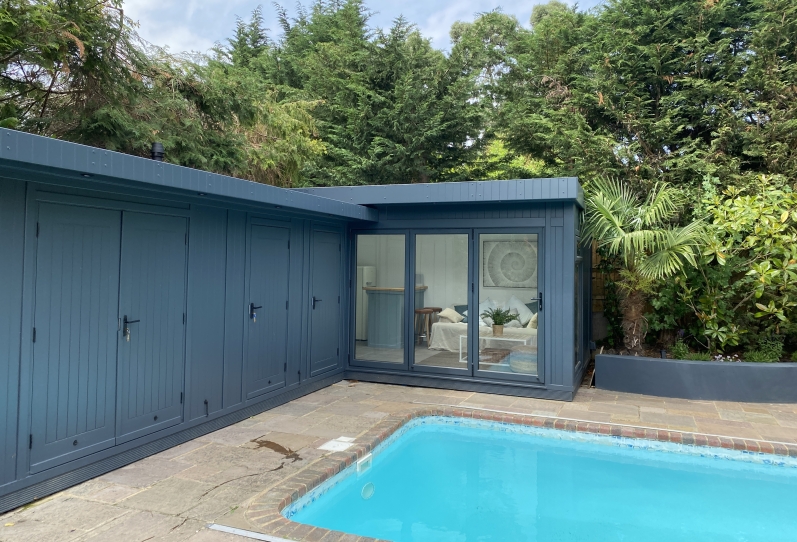 L shaped pool side room, toilet, plant room and store in Surrey