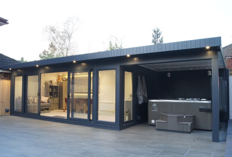 Aluminium in-line slider with canopy and hot tub, featuring 'Starlight Ceiling' in West Sussex