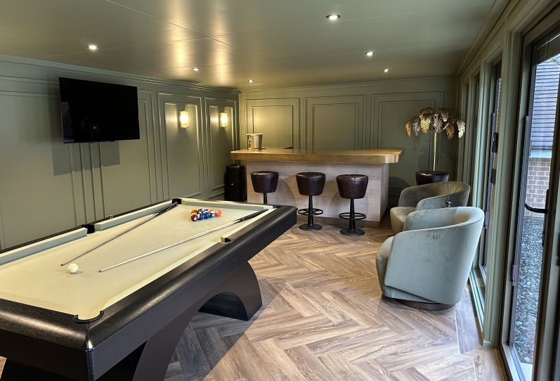 garden summerhouse , Karndean, pool table, Bar,  interior design, seating