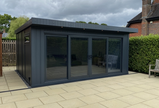summerhouse with LowE glass and integrated blinds in Sussex