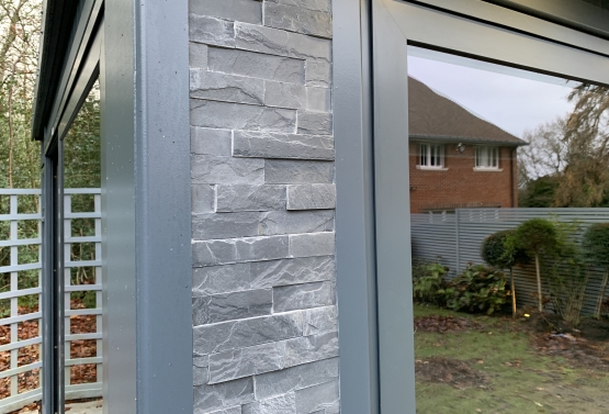 Ultimate Garden Office with Split face tiling inside and out, feature wall fireplace Bromley External Splitface Mosaic Tile