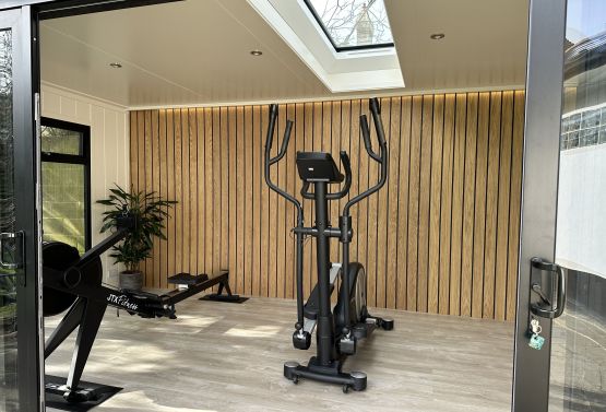 Black building with Oak feature wall and roof light garden gym  Sussex